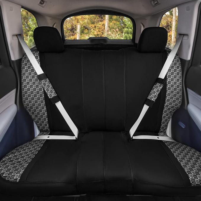 We Are Young Life is Fun™ Checker Car Seat Covers Universal Fit Interior Accessories Full Set Black Seat Cover Combo Steering Wheel Cover and Seat Belt Pads, Airbag and Split Rear Car Seat Covers
