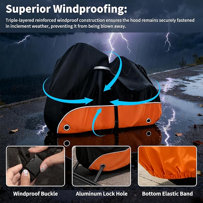 Trike Cover, 420D Outdoor Waterproof Three Wheeler Cover with Ventilation Holes and Reflective Strips, Suitable for Trike Models Freewheeler, CVO Version, Tri Glide, Chieftain, Goldwing Orange