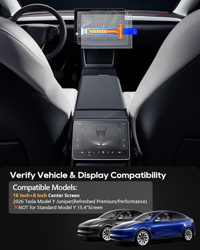 LFOTPP 2026 Tesla Model Y Juniper Screen Protector 16"+8" - Refreshed Premium/Performance 16 Inch QHD Touchscreen - 2026 Tesla Model Y Premium/Performance Accessories[No More Glare& Fingerprint]