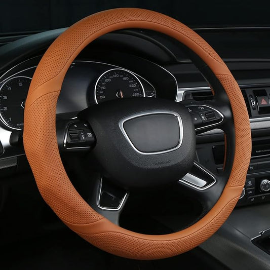ALEMODR Cayenne Orange Leather Steering Wheel Cover Universal 15 inch