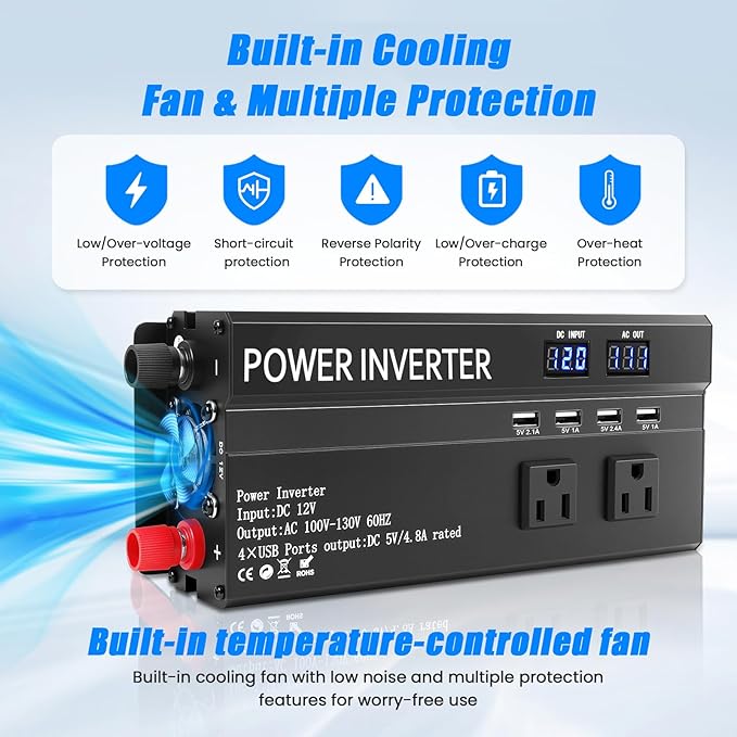 1200W Peak Power Inverter, Inverter 12v to 110v with Fast Charging 2.4A USB and 3 AC Outlets Ideal,Power Converter Car for Road Trips, Camping, Rv, Truck, and Camping Power Needs