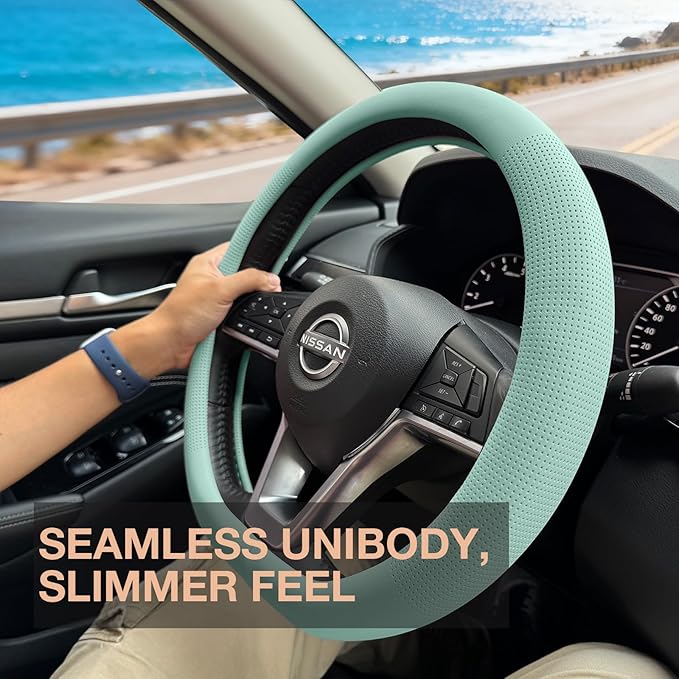 PINCTROT D Shaped Nappa Leather Steering Wheel Cover, Slim Fit No Bulk Design, One Piece Leather with Breathable Perforation, Fit Like Gloves, Flat Bottom 14.5-15 Inch(Nappa Mint)