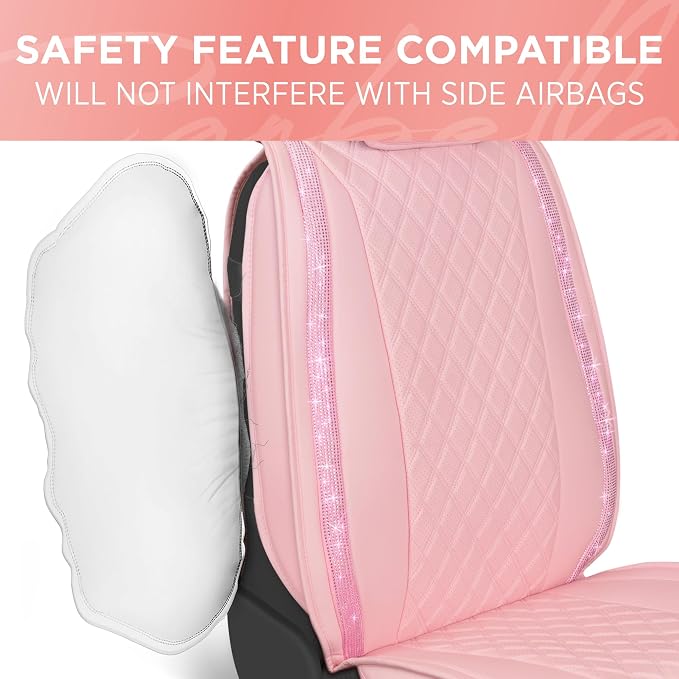 MotorBox Car Seat Covers for Women, Sparkle Series Diamond Stitched Leather Seat Covers, PU Leatherette Front Pink Seat Covers with Rhinestone Crystal Bling Accents
