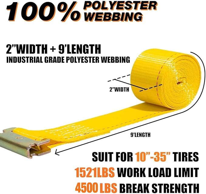 Vehicle Wheel Chock Tie Down kit 4500lb Break Strength-4 Pack 2" x9' E Track Straps-Ultimate Heavy Duty Trailer Tire Strap System for ATV,UTV,Lawn Mower