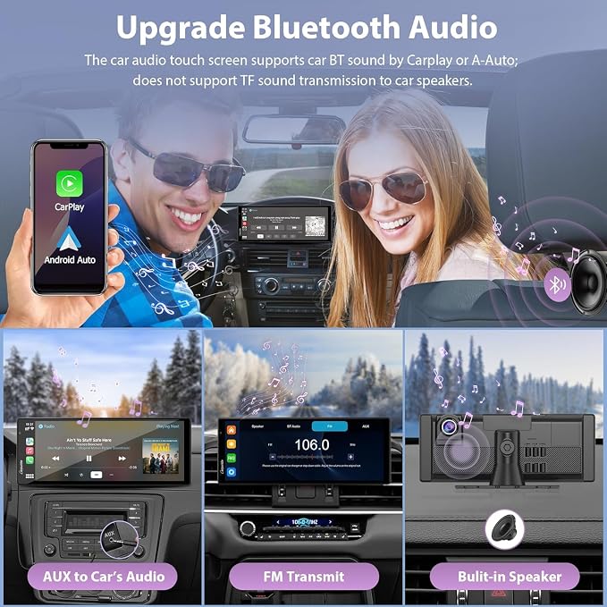 Carpuride Wireless Carplay & Android Auto with Dash Cam - 10.26 Inch HD IPS Touch Car Play Screen for Car, 4K Front & 1080P Rear Camera, Loop Recording, Bluetooth Audio, Mirror Link, GPS