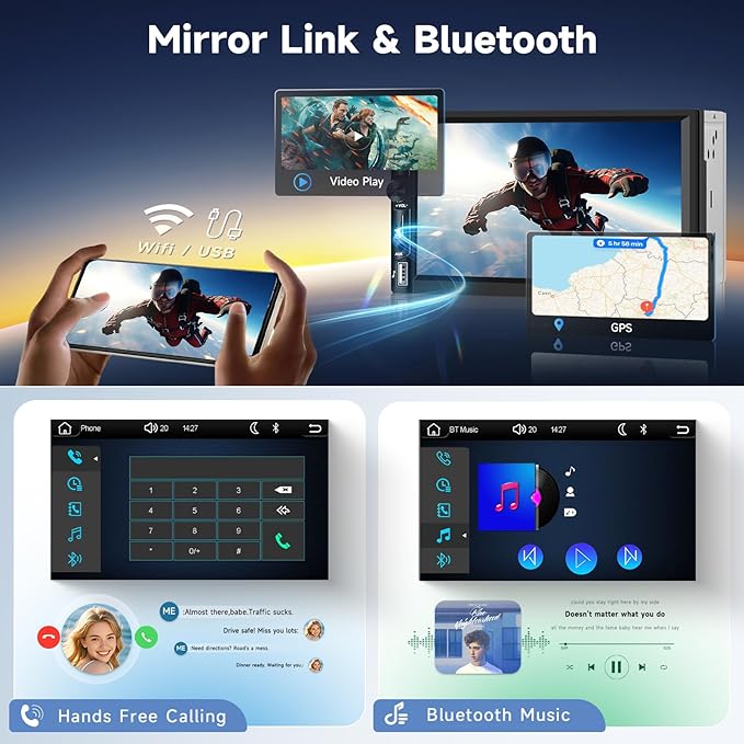 Double Din Car Stereo Radio with Wireless CarPlay Android Auto, 7 Inch HD Touch Screen Car Play Audio Receivers with Bluetooth, HD Backup Camera, FM, Mirror Link, USB/Type C/TF/AUX/SWC