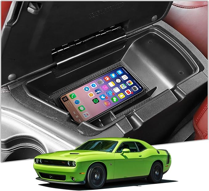 CDEFG for Challenger Console Organizer: Center Console Insert ABS Black Material Armrest Organizer Tray Secondary Storage Box Compatible with 2015-2019 2020 Dodge Challenger Interior Accessories