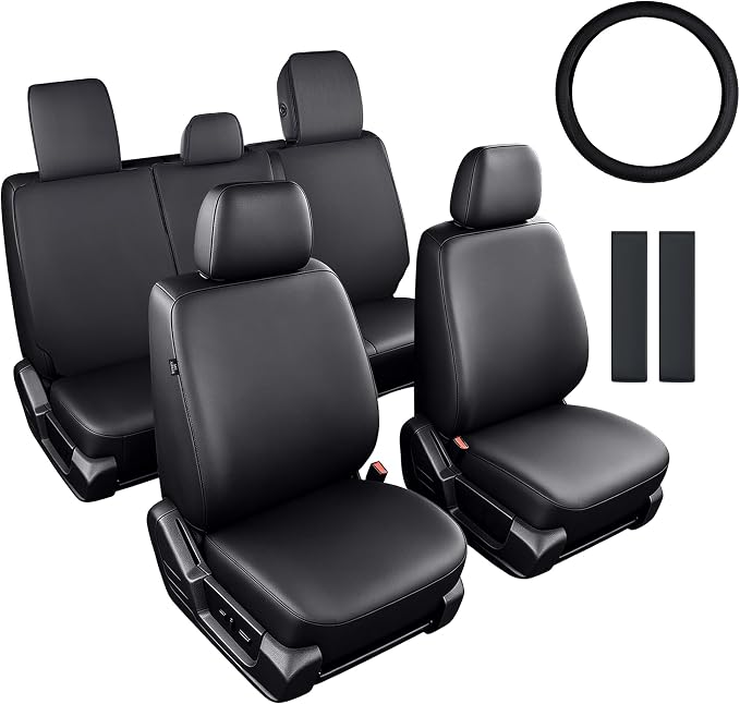 Full Set Custom Waterproof Faux Leather Truck Seat Covers for Ford F150 2009-2026,F250 F350 F450 2017-2026 with Seat Belt Shoulder Pads and Steering Wheel Cover,Black