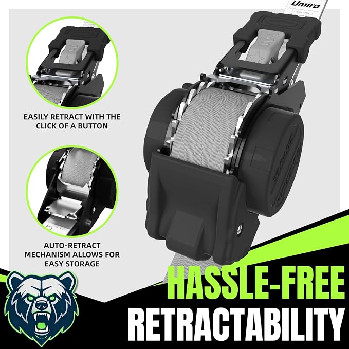 Retractable Ratchet Straps, 4-Pack, 1 Inch x 12 Feet Heavy Duty Tie Downs, 1760lb Break Strength, Self Retracting for Truck, Cargo, Trailer, Motorcycle, ATV, UTV (Grey, 4pack)