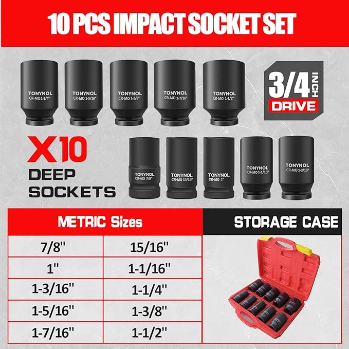 TONYNOL 3/4 Inch Drive Deep Impact Socket Set,6-Point,Sae Size(7/8“ to 1-1/2”),10 Pcs,Cr-Mo.Heavy Duty Impact Socket Set,With a Storage Case.