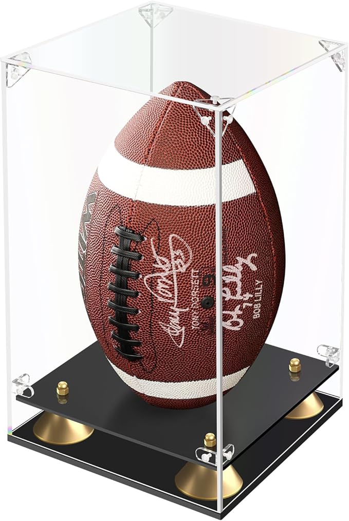 KOLIPI Football Display Case Full Size, Clear Acrylic Box with Double Layer Base Display Stand for Football Fans & Collectors, Sports Collectibles, Assembly Required, Black Base