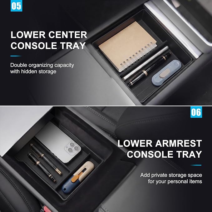 BBTO 8 Pcs Center Console Organizer Compatible with Tesla Model 3 Highland 2025 2026 Accessories Double Layer Center Console Tray Hidden Storage Box Charging Pad Cupholder Interior Storage Accessories