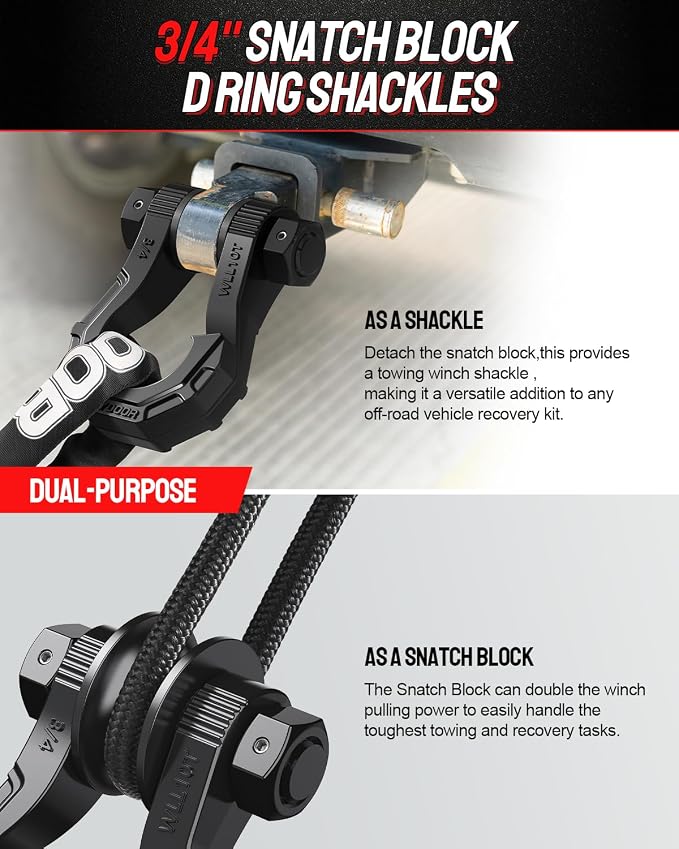 DAYDOOR D Ring Shackles with Snatch Block, 45,000Lbs Break Strength Towing Winch Shackle, 3/4" Heavy Duty Shackles with 7/8" Screw Pin for Off Road Vehicle Recovery(2 Pack, Black)