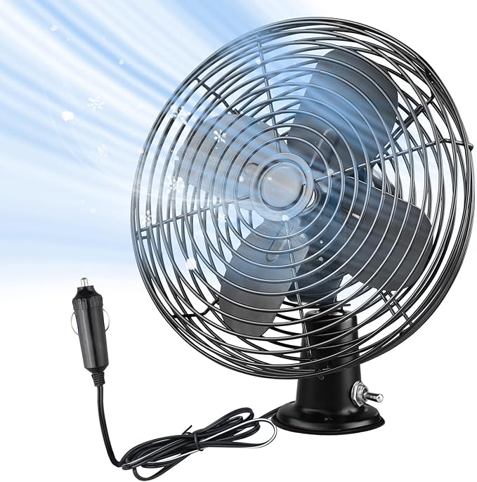 12V Portable Fan RV | Truck Cooling Heavy Duty 9" Metal Clip-On Car Fan Bus | Boat | Forklift | Car | Camper | Lawn | Mower | Tractor 2-Speed High Velocity Black