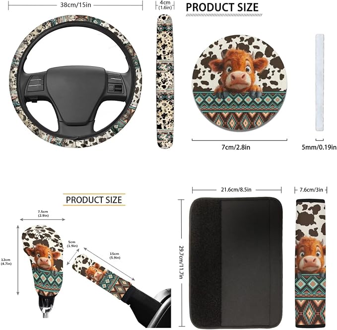 Tupalatus Boho Cow Print 9 Pcs Car Seat Covers Front Set Fashion Steering Wheel Protector Seat Belt Pads Cover Shift Cover Hand Brake Cover Cup Coasters Fit for Most Car SUV