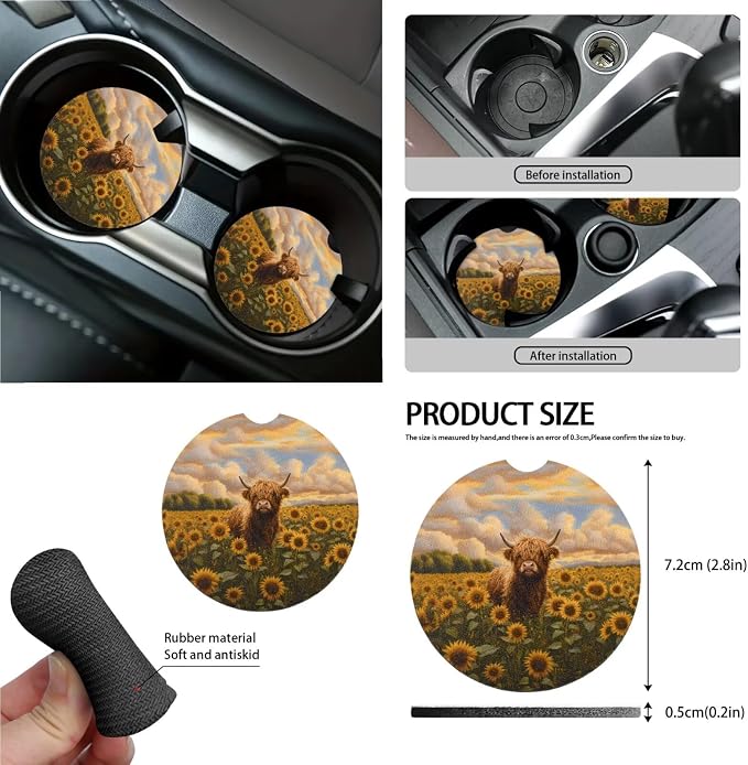 Sunflower Highland Cattle 15 PCS Car Seat Cover Full Set, with Steering Wheel Cover Seat Belt Strap Trash Cans Rear View Mirror Cover Coaster Air Vent Storage Bag Universal Fit