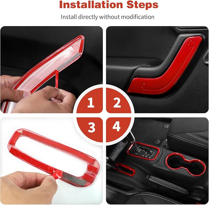 CheroCar 18PCS Interior Trim Kit for Jeep Wrangler JK JKU 2011-2018 4 Door,Steering Button Frame, Air Conditioning Vent Trim Cup Holder Cover,Gear Shift Knobs Frame,Red…