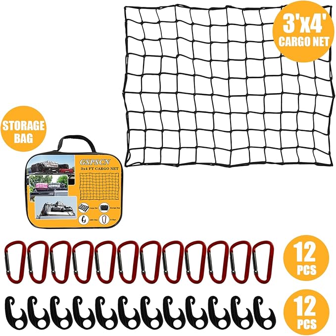 GSPSCN Cargo Net 3' x 4' for Truck Pickup Bed, Trailer,Boat,RV SUV Stretches to 9'x12' Max Roof Rack Net,Small 4”x4” Mesh Heavy Duty Bungee Cord Net for Tacoma,Frontier,Colorado & Subaru Crosstrek