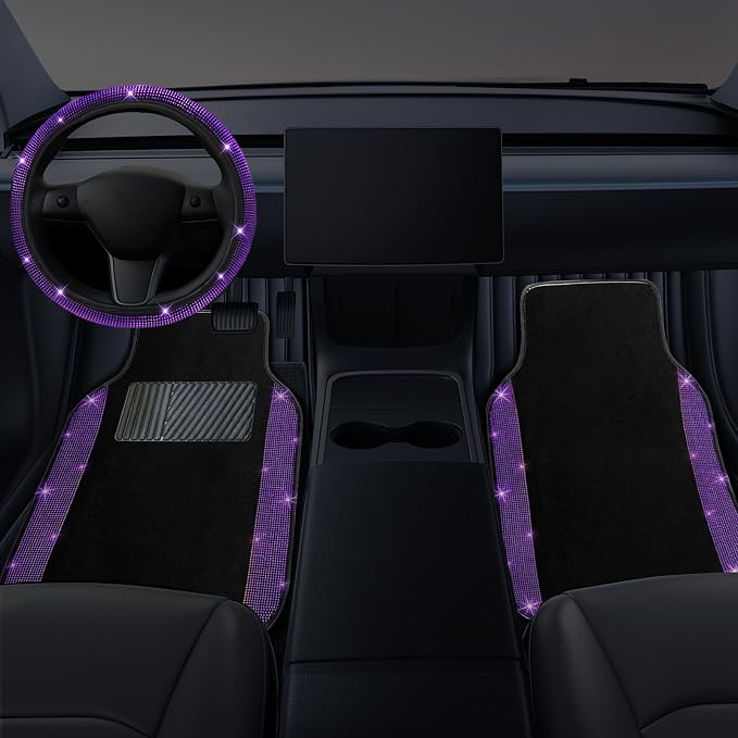 NBTEPEM Bling Car Floor Mats Full Set and Steering Wheel Cover, Universal Fit Most Cars, 4 pcs Sparkle Glitter Diamond Carpet, 5 pcs Bling Car Accessories Set for Women (Purple Violet Diamond)