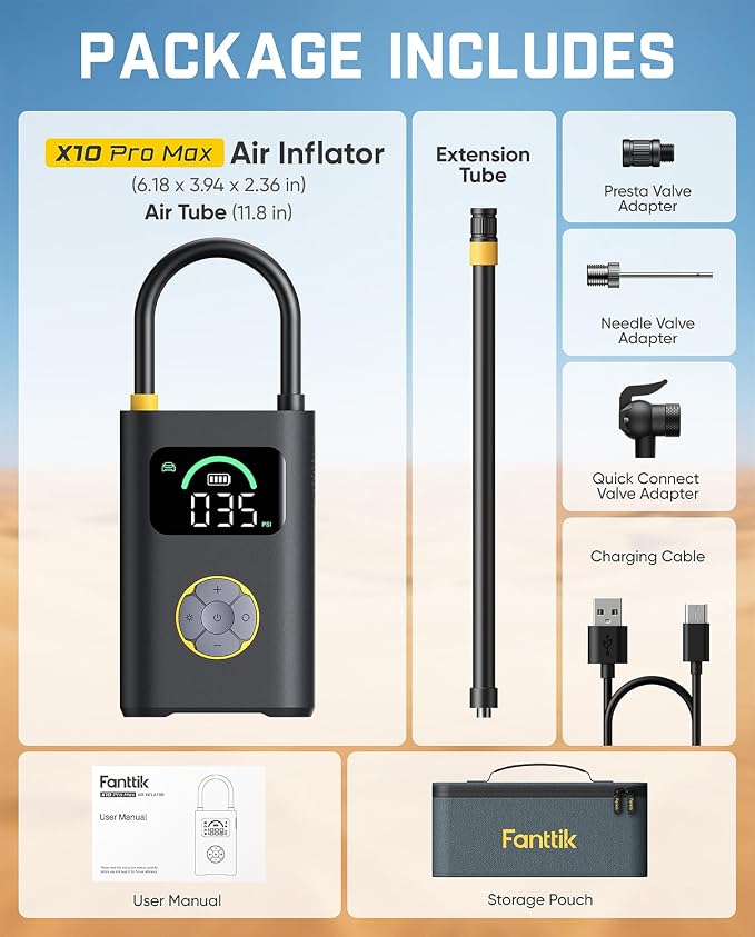 Fanttik X10 Pro Max Tire Inflator for SUV, 36s Fast Inflate Portable Air Compressor with Presta and Schrader Valve, 150PSI Cordless Air Pump with Powerful Battery for Cars, Motorcycles, Bikes, Balls