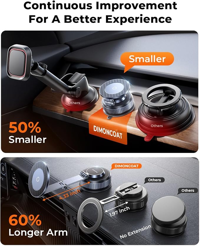 2026 Upgraded 360°Rotation Nano Gel Suction Phone Holder, Foldable Metal Vacuum Magnetic Phone Holder [119+LBS Max Suction] Tesla model Y/3 MagSafe car Phone Mount for iPhone 17 16 Pro Max S26 Ultra