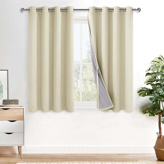 XWZO Total Blackout Curtains 54 Inches Long - Double Layer Full Room Darkening & Energy Efficiency Grommet Window Panels with Tiebacks for Short Windows/Basement, Beige, W52 x L54, Set of 2