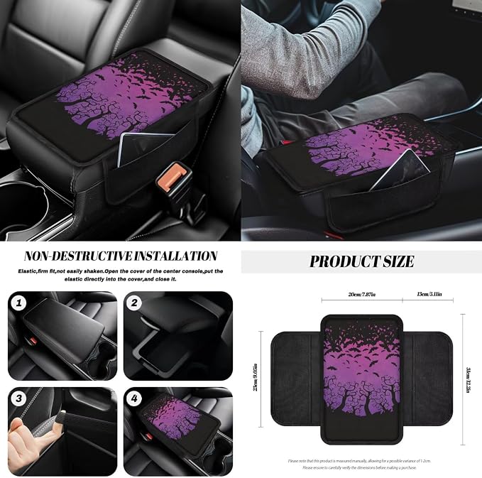 Car Seat Covers Front and Back Full Set with Steering Wheel Cover Armrest Cushion Safety Belt Pads Inside Rearview Mirror Cover Gear Shift Lever + Handbrake Protectors, Purple