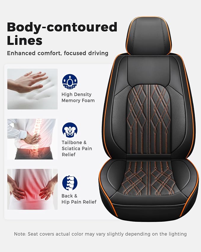 Huidasource Automotive Seat Covers, Leather Seat Cover Universal Fit for Most Cars Sedans SUVs Trucks, Airbag Compatible, Cup Holder Access, Easy Install, Wipes Clean, Wear-Resistant, Black&Orange