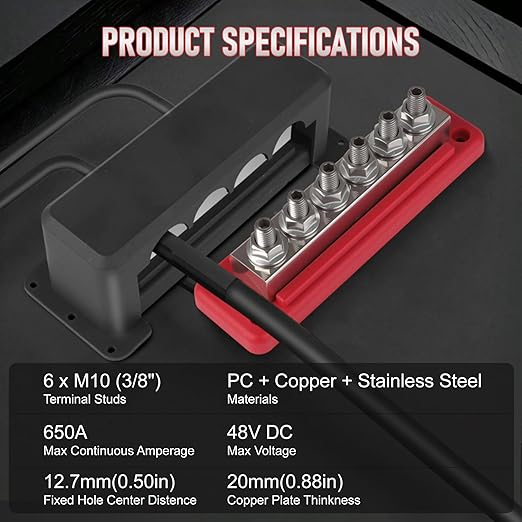CNSPEED﻿ 2Pcs 600A Bus Bar Power Distribution Block 12-48V Terminal Block 6x3/8(M10) Studs Marine Battery Bus Bar with Waterproof Cover Quick Mount for Automotive Car Boat Solar System Red & Black