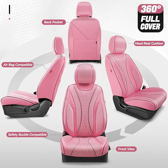 Auto Dynasty Car Seat Covers Full Set, Anti-Slip Automotive Interior Covers with Storage Pocket, Breathable Car Seat Protectors, Airbag Compatible, Fit Most Vehicles, Diamond Stitch Mesh Pink