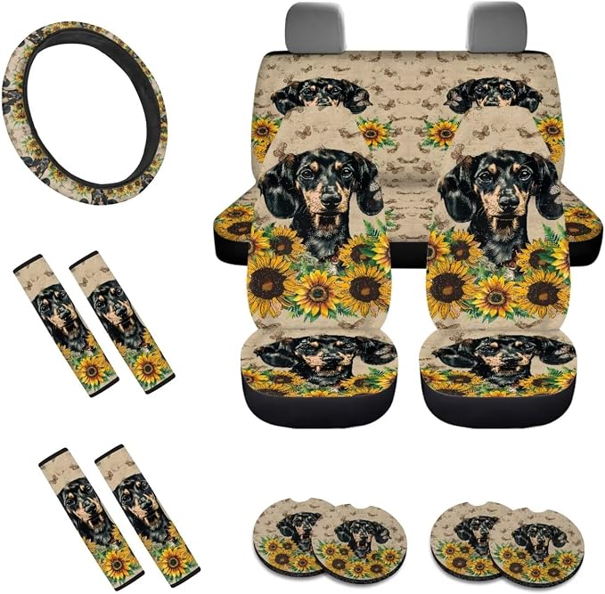 Dachshund Sunflower Butterfly Print Car Seat Covers Full Set, Auto Accessories Pack of 13, 1 Soft Steering Wheel Cover, 4 Seat Belt Covers, 4 Washable Coasters, Universal Fit Most Cars