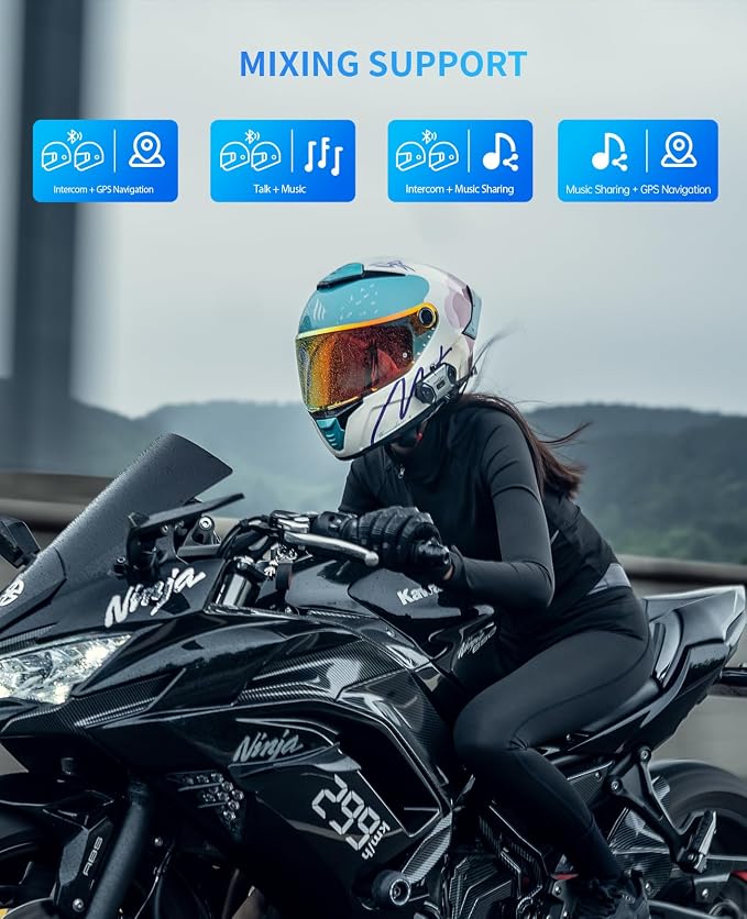 FreedConn Free+ Motorcycle Helmet Bluetooth Headset, 256 Riders 2000m Intercom, Auto-Join Mesh Network Motorcycle Communication Systems with Noise Cancellation, Hi-Res Audio for Group Ride, 1 Pack