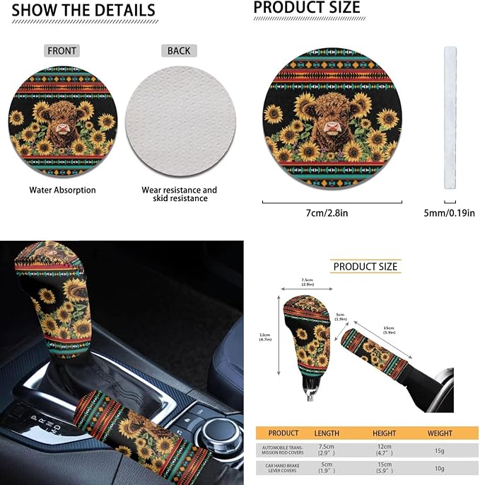 Dreaweet Car Seat Covers Full Set with Steering Wheel Cover/Armrest Cover/Seatbelt Covers/Cup Coasters/Gear Shift Cover/Handbrake Cover,12 Pcs Aztec Highland Cow Sunflower Car Accessories Deocr