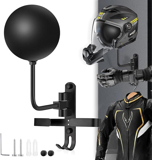 Kikerike Motorcycle Helmet Rack Wall Mount 180 Degree Rotation Metal Bike Helmet Holder Mount Bicycle Helmet Display Hanger Stand with 2 Hooks for Motorcycle Bike Baseball Rugby Helmet - 1 Pack