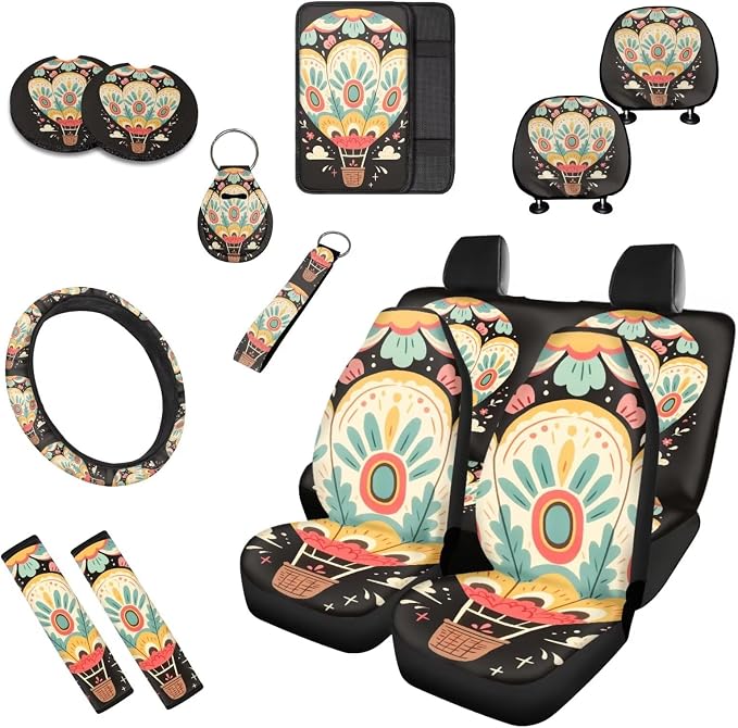 Air Balloon 13 Pcs Car Seat Covers Full Set, Floral Hot Air Balloon Auto Front and Rear Bench Seat Protector, Fork Art Steering Wheel Sleeve Auto Armrest Cover