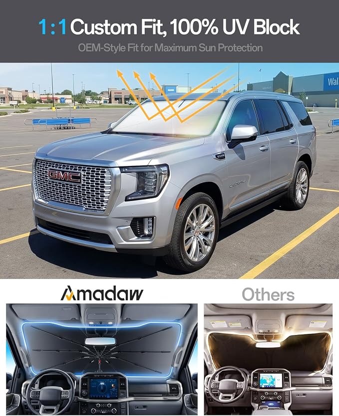 Windshield Sun Shade for GMC Acadia 2007–2026, Foldable Umbrella Sunshade with 100% UV Block, Multi-Layer Heat Insulation, Reinforced 10-Rib Frame, Keeps Car Cooler, Summer Car Accessory