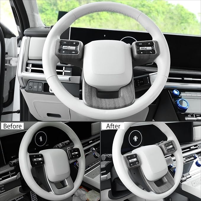 ABS Car Steering Wheel Frame Cover Steering Wheel Button Panel Protection Frame Molding Trim Compatible with Hyundai Santa Fe 2024-2026 Accessories(Wood Grain Style)