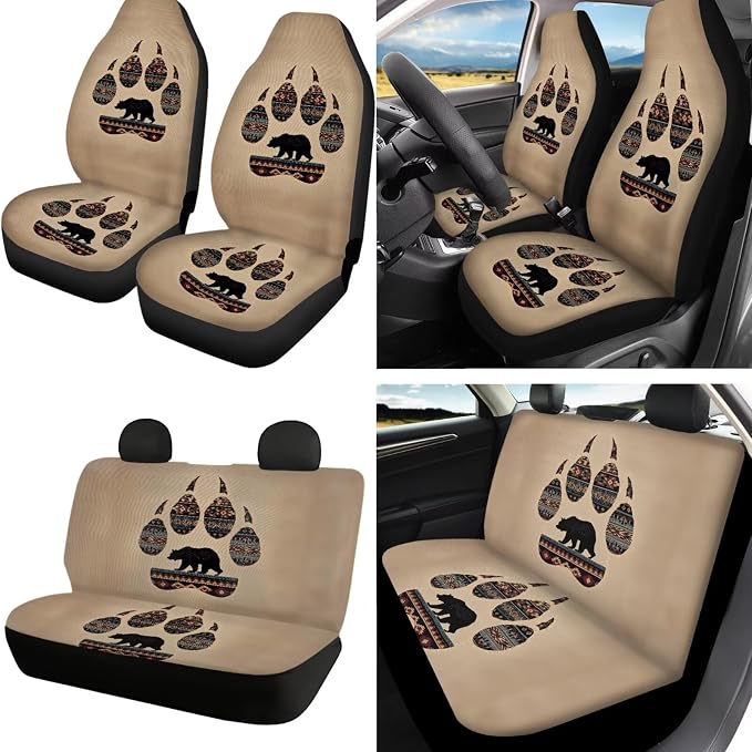 Animal Paw Print Car Seat Covers Set of 18 Aztec Bear Print Car Front Rear Seat Covers Headrest Protectors Steering Wheel Cover Safety Belt Pads for SUV Sedan, Easy to Install
