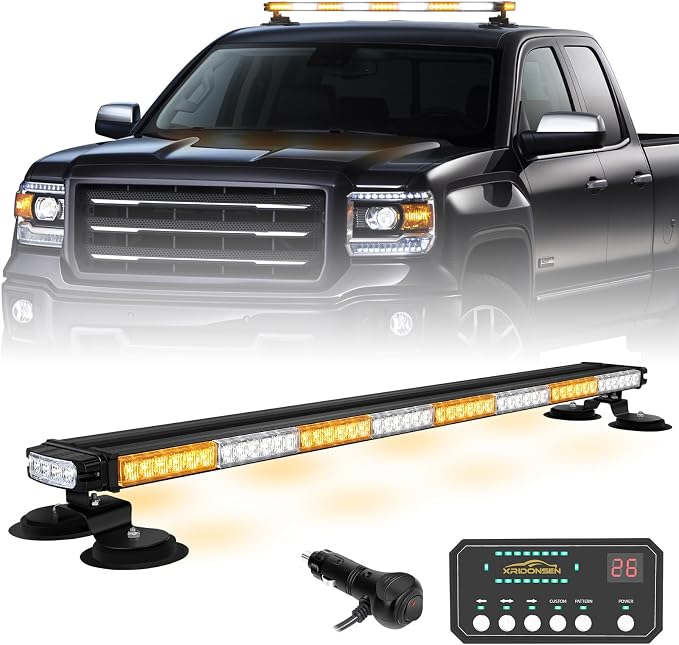 XRIDONSEN Amber White Emergency Dash Strobe Lights & 37 inch 104 LED Roof Top Strobe Light Bar Traffic Advisor Lights for Plow Tow Trucks Construction Vehicles