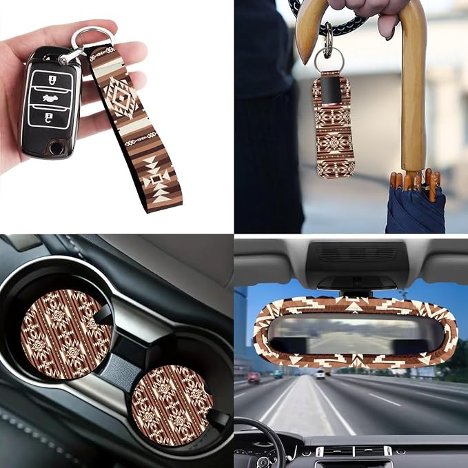 Brown Aztec Car Seat Covers Full Set of 12 with Steering Wheel Cover Seat Belt Pads Car Trash Can Soft Rear View Mirror Cover Coasters Keychain Holder Keychains