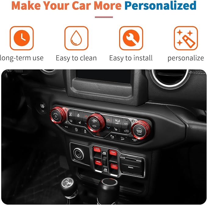 for Jeep Wrangler JL & Gladiator JT Window Switch Button Knob Cover Trim Kit, Red Aluminum Interior Decoration Accessories (2018–2024 2025+)
