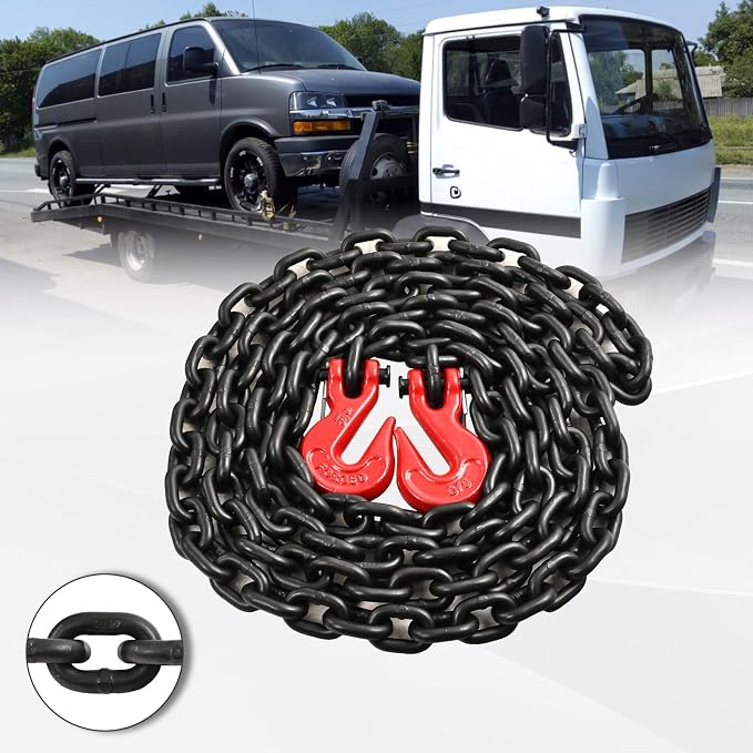 Heavy Duty G80 Transport Binder Chain 5/16'' Inch x 10 Feet,Tow Chain with G70 Clevis Grab Hooks,4900 lbs Safe Working Load Logging for Transporting, Towing(5/16'' x 10FT Black)-2 Packs