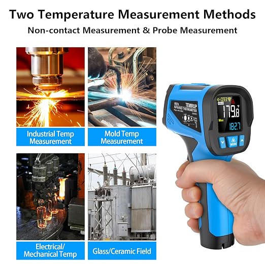 -40℉ to 2462℉, TEMIRUP Infrared Thermometer High Temperature Gun, Non-Contact Digital IR Laser Thermometer with Probe, 30:1 Pyrometer with Color LCD for Cooking, Kiln, Forging, HVAC & Industrial