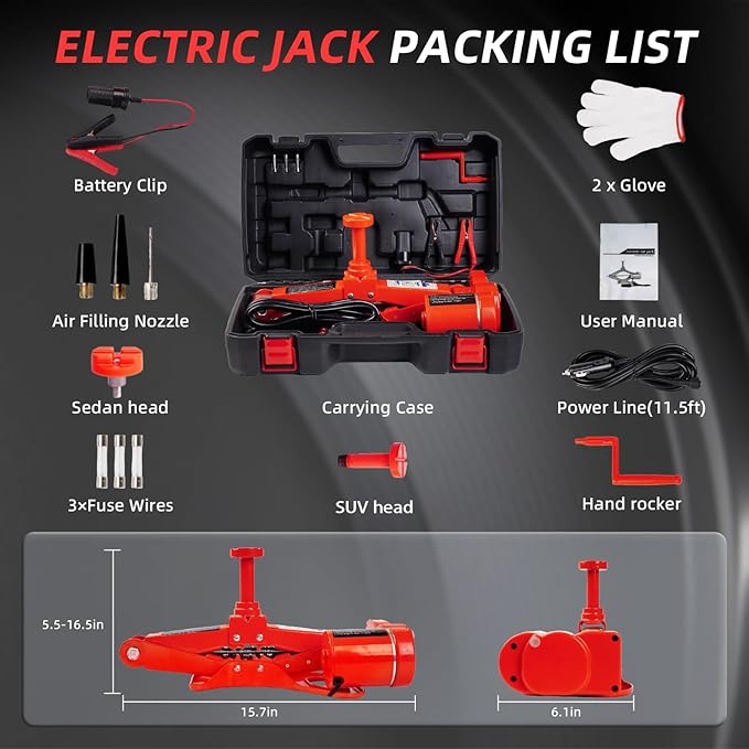 STANDTALL Electric Car Jack 3T Scissor Floor Jack Set 12V Automatic Vehicle Lift Kit for Road Emergency Tire Change Car Repair Tool for Sedans and SUV Red