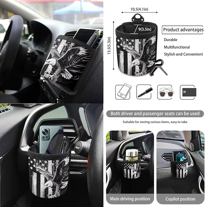 15Pcs Car Seat Cover Full Set Car Steering Wheel Cover Seat Belt Cover Trash Bin Air Vent Storage Box Front Rear View Mirror Car Cup Holder Keychain, Vintage American Flag Eagle