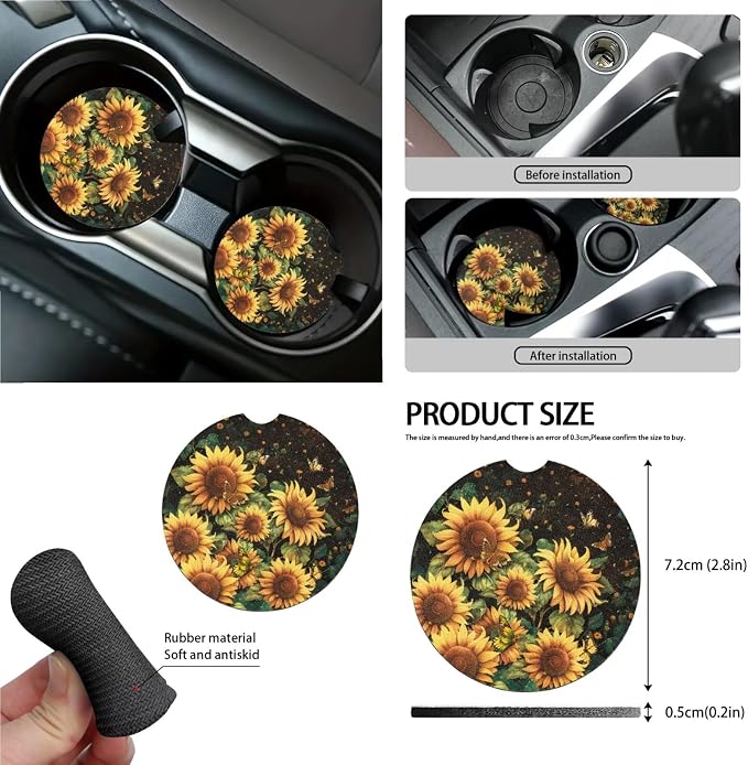 Sunflower Print Car Interior Covers Full Set of 15, High Back Bucket Seat Cover for Cars with Steering Wheel Cover Seatbelt Pads Trash Bag and Car Air Vent Organizer, Auto Decor