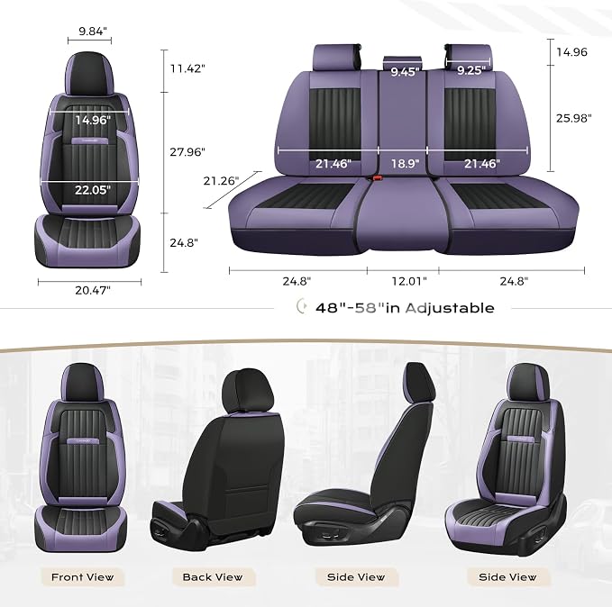 Coverado Car Seat Covers Full Set, Seat Covers for Cars, Car Seat Cover, Car Seat Protector, Leather Car Seat Cushion, Waterproof Car Seat Covers Front Seats and Back Fit for Most Cars(Purple&Black)