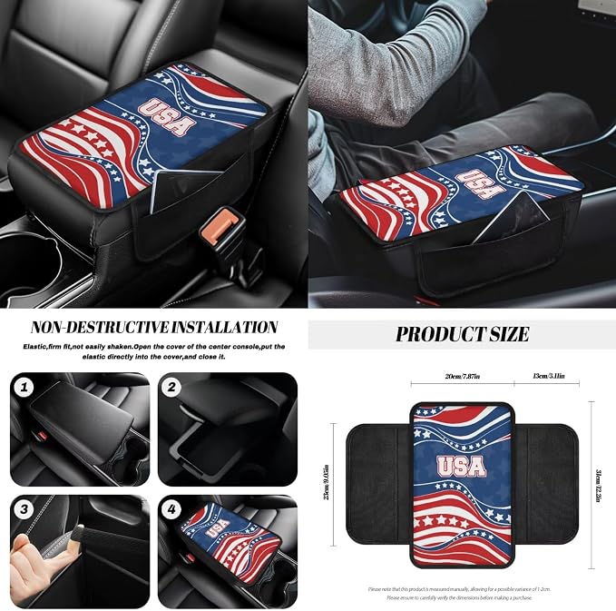 American Flag Print Full Set Car Seat Covers with Steering Wheel Cover Armrest Cushion Safety Belt Pads Car Rearview Mirror Cover Gear Shift Knob and Handbrake Covers Trash Bag