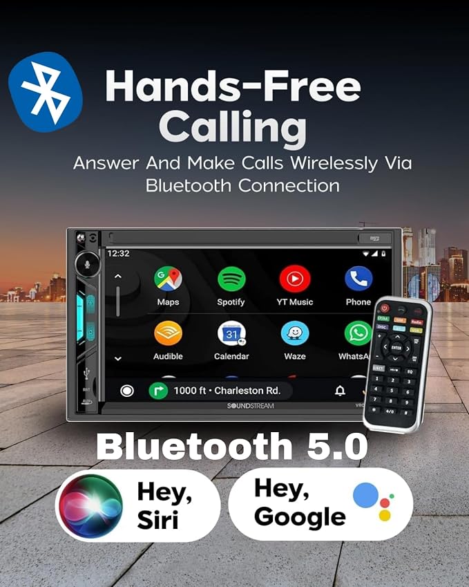 Soundstream VRCPAA-7DR 7" Double DIN Touchscreen Car Stereo, Wireless Apple CarPlay & Android Auto, Bluetooth Hands-Free, USB/AUX, Backup Camera Input, Steering Wheel Control, FM/AM, In-Dash Head Unit