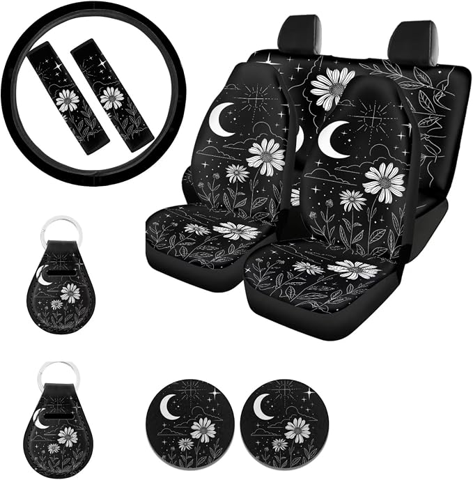 Ystardream Starry Daisy Car Seat Cover Full Set for Women Men Rubber Steering Wheel Cover License Plate Frame Mirror Covers Moon and Stars Car Accessories for Car SUV Truck
